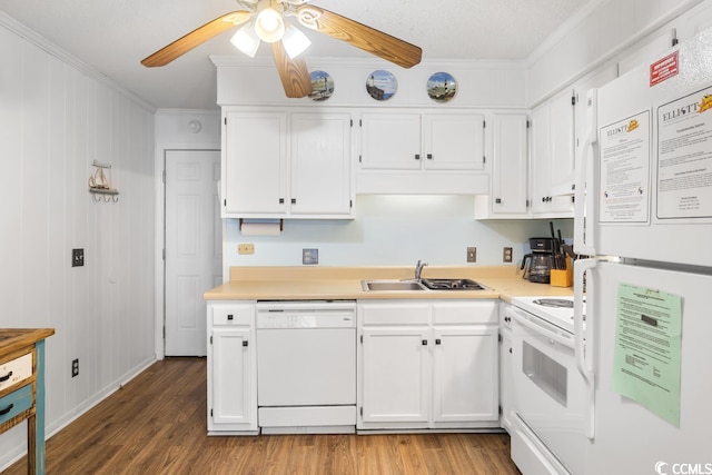 kitchen with white cabinetry, white appliances, ceiling fan, and light wood-type flooring