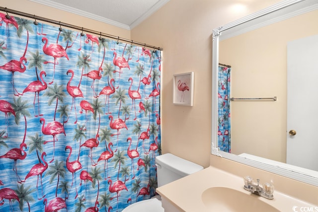 bathroom with crown molding, toilet, vanity, and a textured ceiling