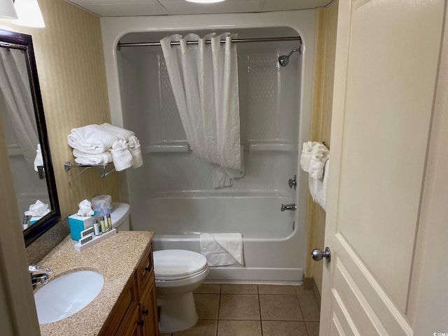 full bathroom featuring shower / bath combination with curtain, large vanity, tile floors, and toilet