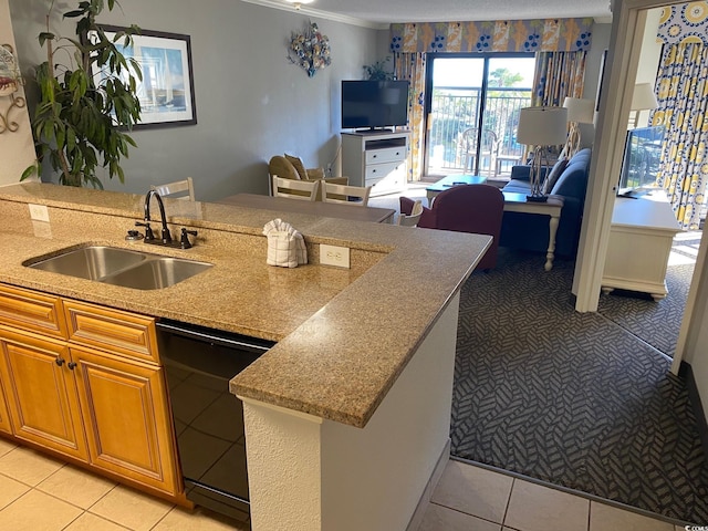 kitchen featuring light tile flooring, dishwasher, sink, crown molding, and light stone countertops