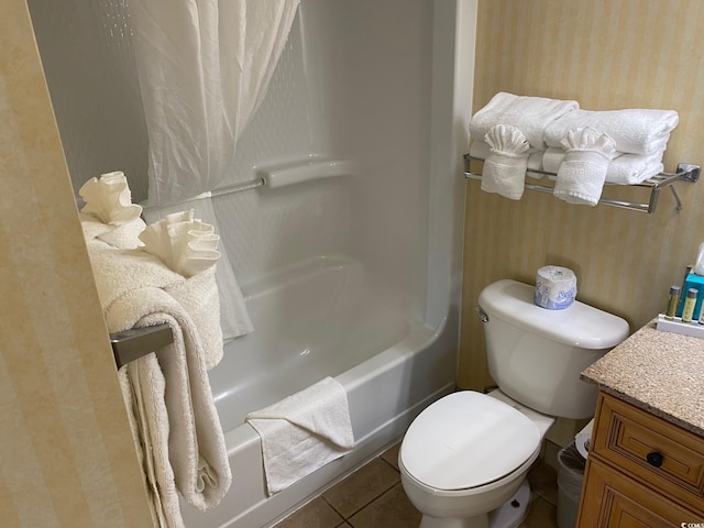 full bathroom featuring tile flooring, shower / bath combination with curtain, toilet, and vanity