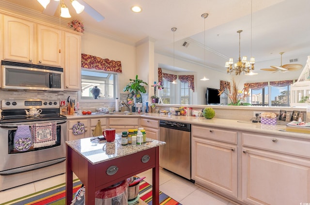 kitchen with ceiling fan with notable chandelier, appliances with stainless steel finishes, and a wealth of natural light