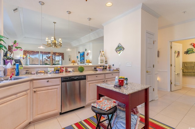 kitchen featuring stainless steel dishwasher, an inviting chandelier, light tile floors, light brown cabinets, and crown molding