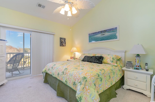 carpeted bedroom with access to exterior, ceiling fan, and lofted ceiling