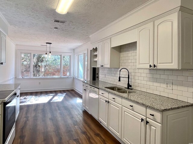 kitchen featuring white cabinetry, dark hardwood / wood-style floors, white dishwasher, and sink