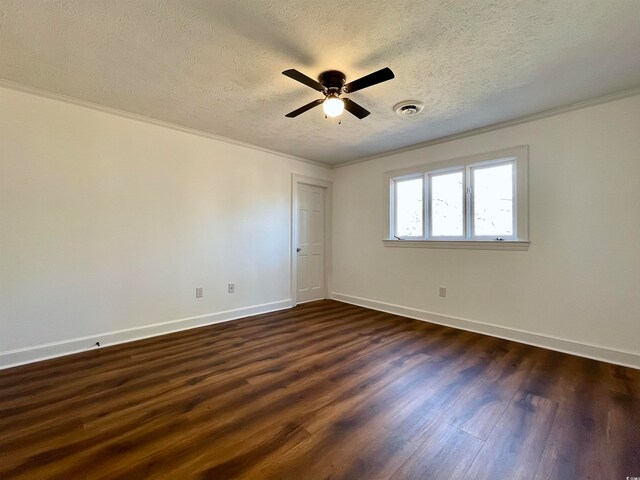 empty room featuring a textured ceiling, crown molding, ceiling fan, and dark hardwood / wood-style flooring