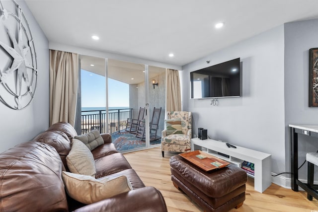 living room featuring a water view and light hardwood / wood-style floors