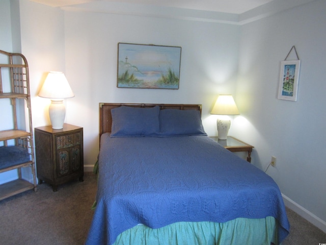 bedroom with dark colored carpet