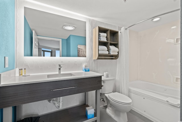 full bathroom featuring toilet, backsplash, tile floors, shower / tub combo, and sink