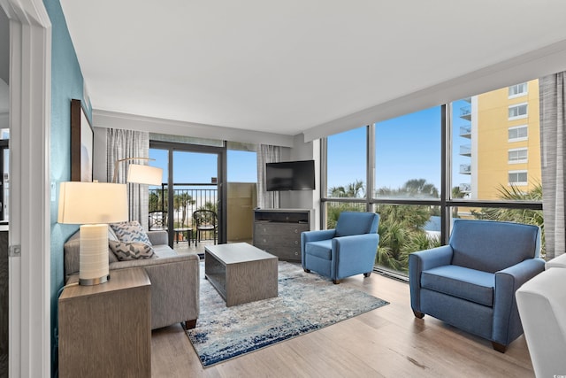 living room with a baseboard radiator, floor to ceiling windows, and light hardwood / wood-style floors