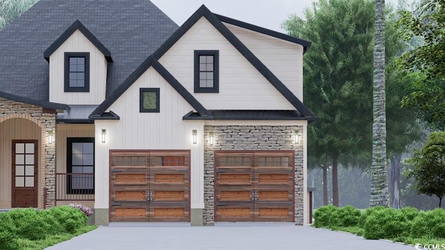 view of front of property featuring a garage, stone siding, driveway, and a shingled roof