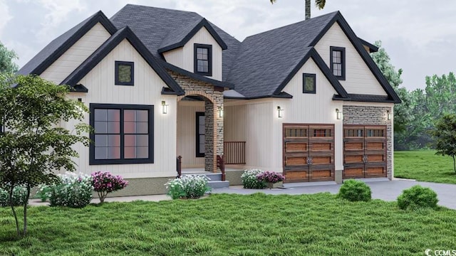 modern farmhouse style home featuring stone siding and a front lawn