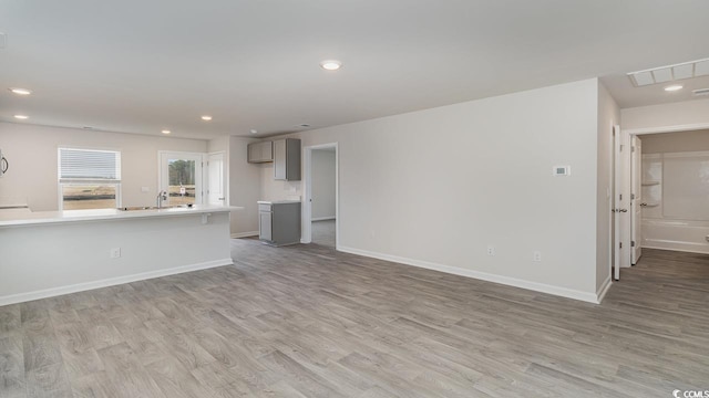 unfurnished living room featuring light wood-type flooring and sink