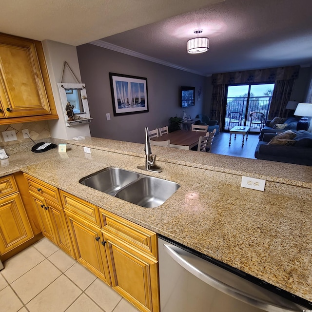 kitchen featuring sink, light tile floors, stainless steel dishwasher, light stone counters, and crown molding