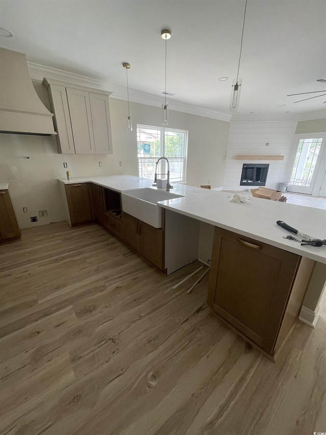 721 10th Ave S, Surfside Beach, SC 29575 - kitchen featuring light wood finished floors, plenty of natural light, ornamental molding, and light countertops