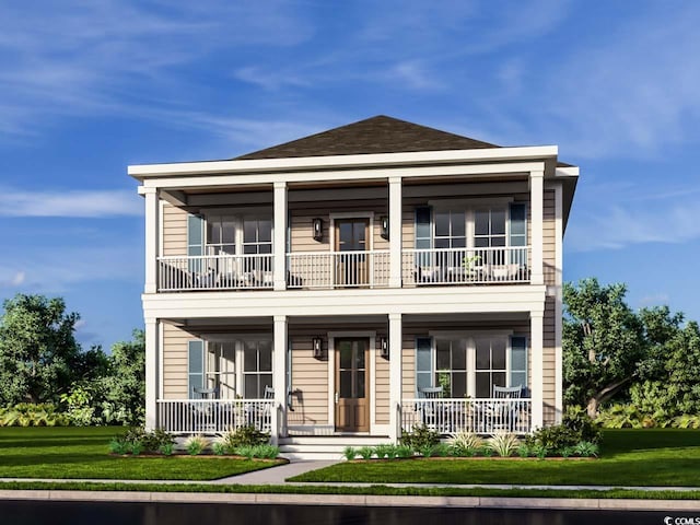 view of front of property with a front lawn, a balcony, and covered porch