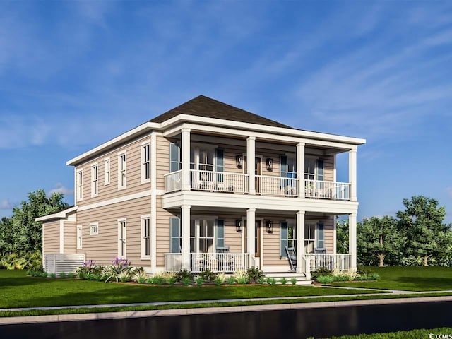 view of front of property with a balcony, a front yard, and covered porch