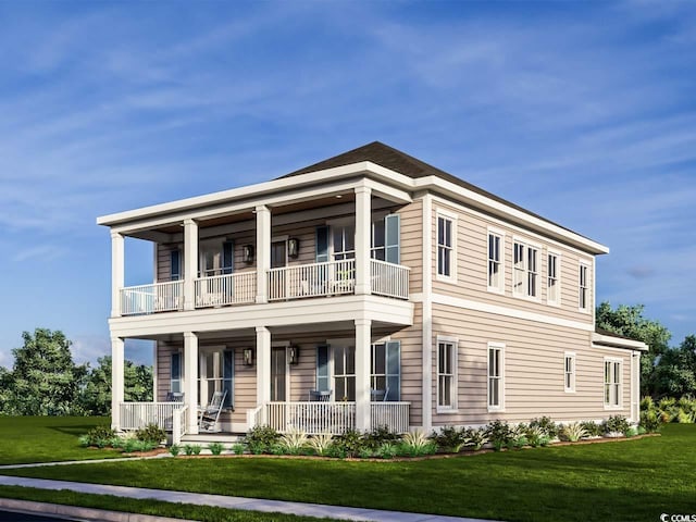 view of front facade featuring a front lawn, a balcony, and covered porch