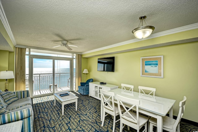 dining space with plenty of natural light, a textured ceiling, and ceiling fan