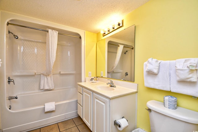 full bathroom with a textured ceiling, tile floors, bathtub / shower combination, and toilet