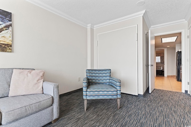 1105 S Ocean Blvd Unit 904, Myrtle Beach, SC 29577 - living area featuring dark carpet, ornamental molding, a textured ceiling, and baseboards