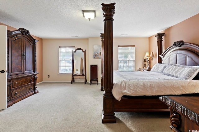 carpeted bedroom with a textured ceiling and multiple windows