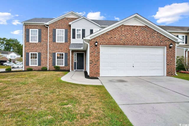 view of front of home with a garage and a front lawn