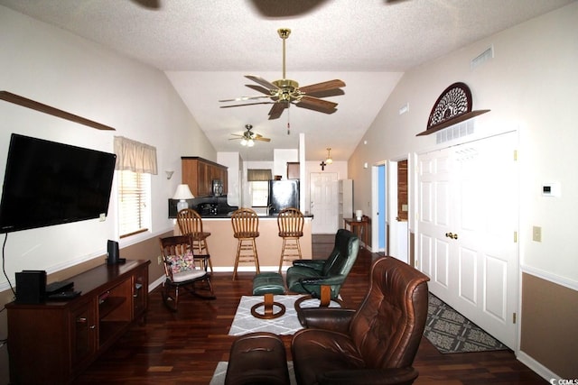 living room featuring lofted ceiling, a textured ceiling, and dark hardwood / wood-style flooring