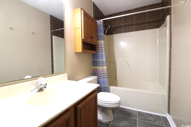 full bathroom with shower / bath combination with curtain, vanity, toilet, and tile patterned flooring