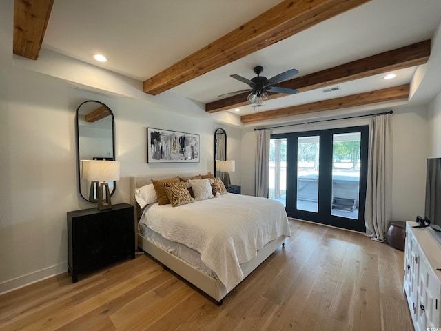 bedroom featuring access to exterior, beam ceiling, light wood-type flooring, and ceiling fan