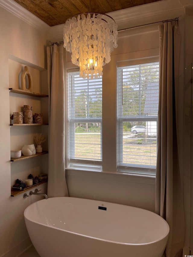 bathroom featuring a washtub, wood ceiling, and a notable chandelier