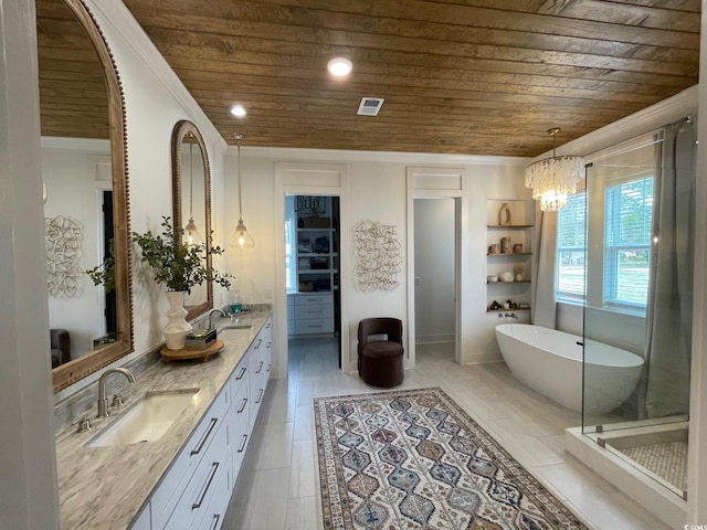 bathroom featuring vanity, separate shower and tub, crown molding, an inviting chandelier, and wooden ceiling