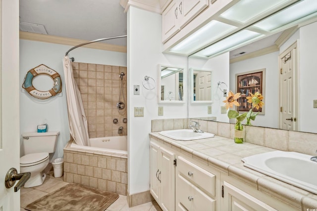 full bathroom featuring tile flooring, toilet, double vanity, and shower / tub combo