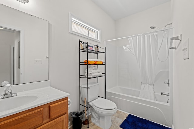 full bathroom with shower / bath combo with shower curtain, toilet, tile flooring, and vanity