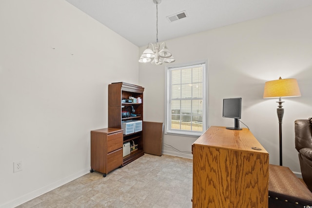 office with an inviting chandelier and light tile flooring