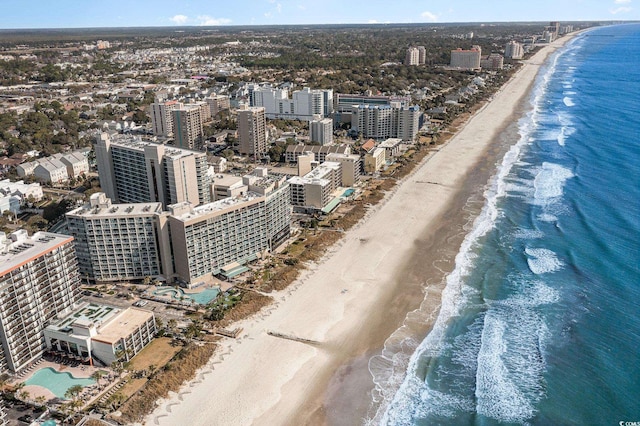 bird's eye view with a view of the beach and a water view