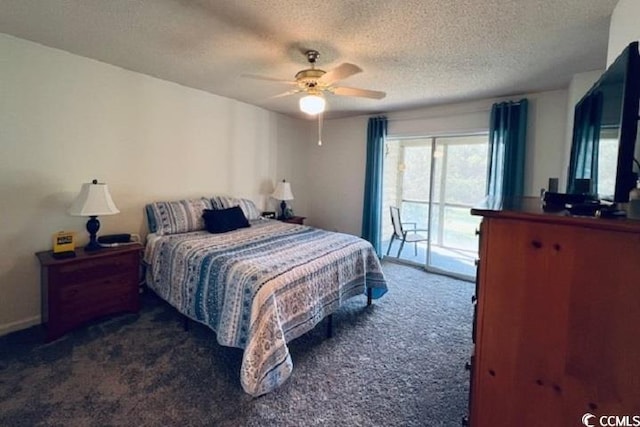 bedroom with ceiling fan, access to exterior, a textured ceiling, and dark colored carpet