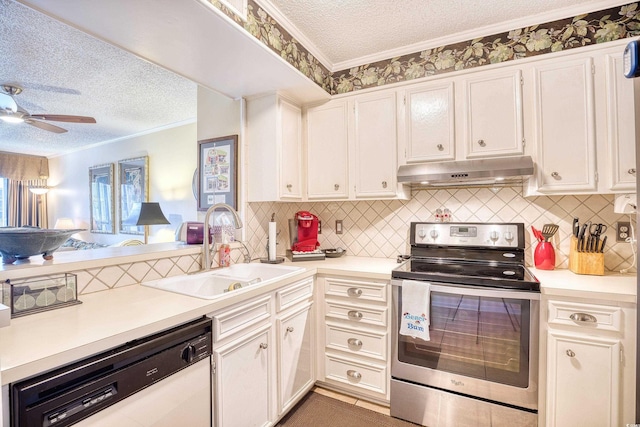 kitchen with ceiling fan, tasteful backsplash, stainless steel range with electric stovetop, dishwasher, and sink