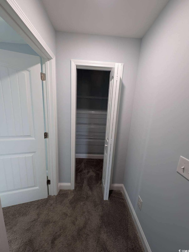 hallway with baseboards and carpet floors