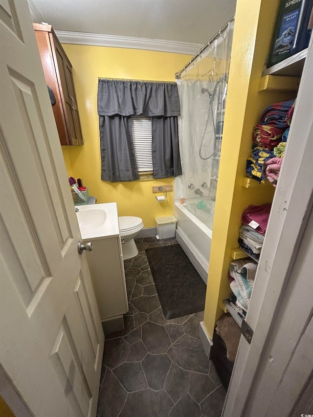 full bathroom with ornamental molding, shower / tub combo, tile floors, vanity, and toilet