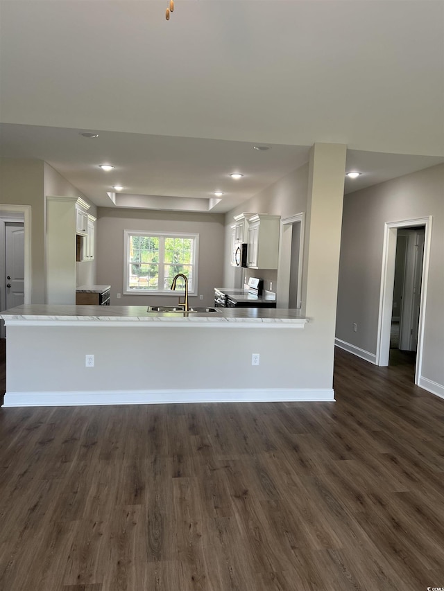 kitchen featuring baseboards, dark wood-style flooring, a sink, range with electric stovetop, and white cabinetry