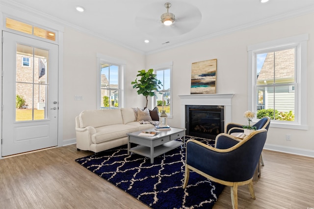 living room featuring a healthy amount of sunlight, ceiling fan, and light wood-type flooring