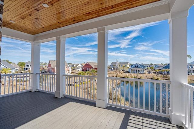 deck featuring a water view and a residential view