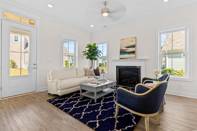 living area featuring baseboards, a ceiling fan, a glass covered fireplace, ornamental molding, and wood finished floors