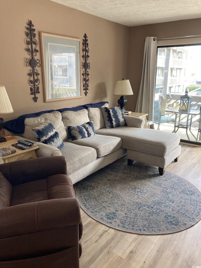 living room featuring hardwood / wood-style floors and a textured ceiling