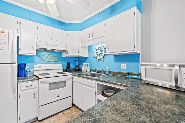 kitchen with white cabinetry, ceiling fan, sink, and white appliances