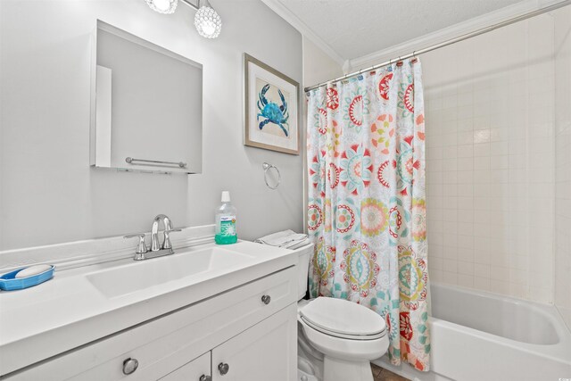 full bathroom featuring toilet, shower / bath combination with curtain, ornamental molding, vanity, and a textured ceiling