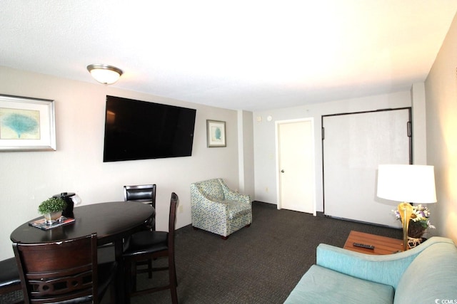 living room featuring dark colored carpet