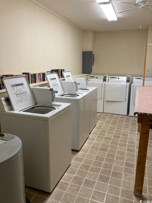 laundry room featuring electric water heater, ceiling fan, washing machine and dryer, and light tile floors