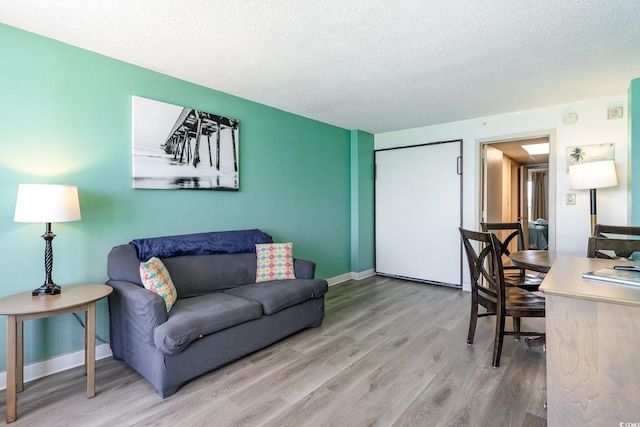 living room featuring a textured ceiling and wood-type flooring